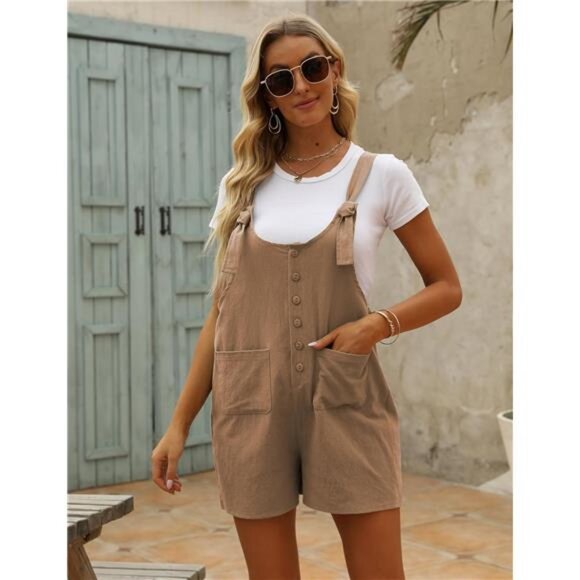 Women's Casual Cotton Linen Rompers Overalls Jumpsuit Brown - Picture 3 of 6